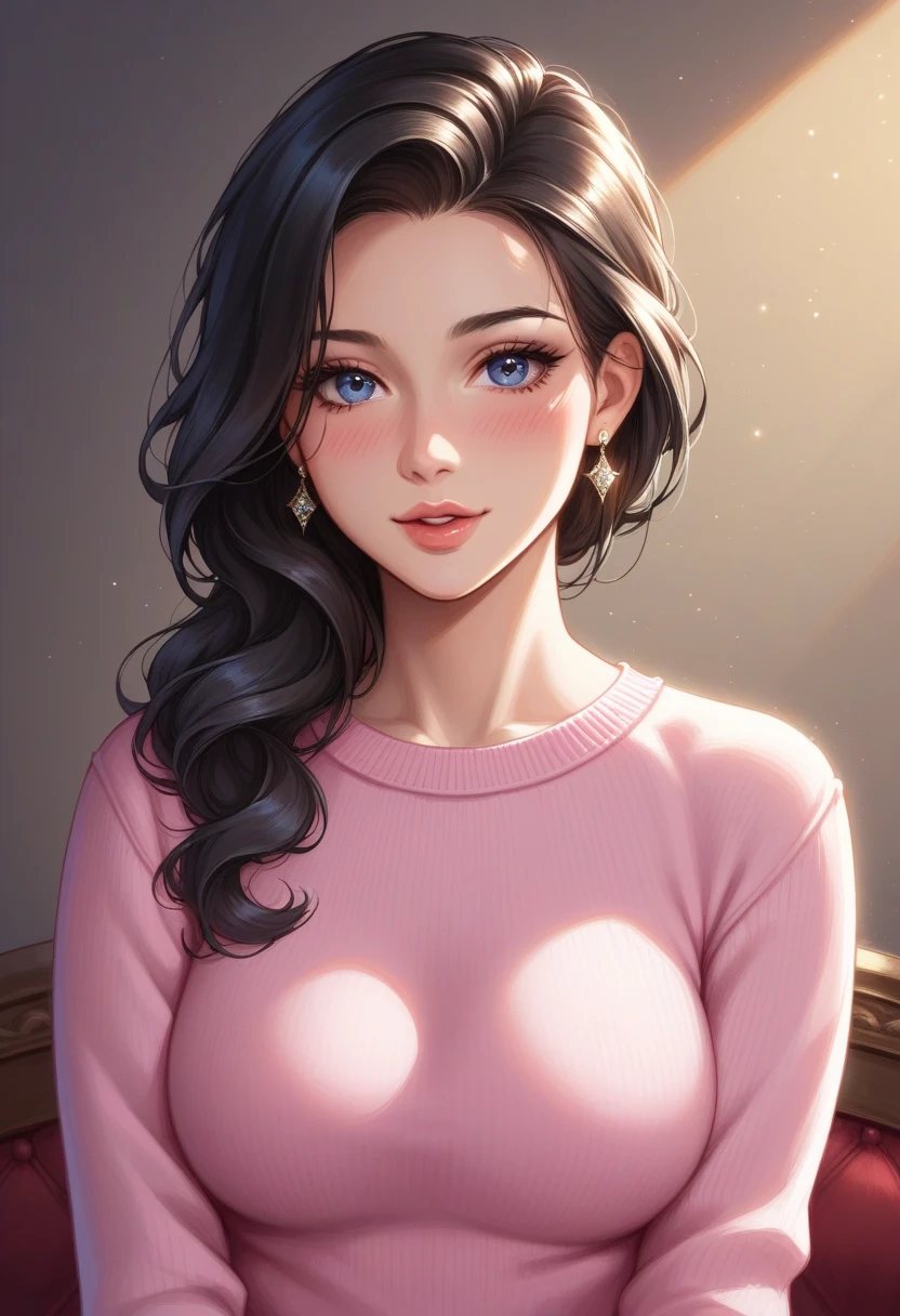 <lora:EnkiAnimestyle-KK77-V1:0.7>,
1girl, breasts, cleavage, solo, hair over one eye, choker, mole, blue eyes, large breasts, looking at viewer, long hair, jewelry, necklace, heart, mole on breast, smile, brown hair, collarbone, night, sitting, indoors, black choker, long sleeves, lips, makeup, couch, bangs, sky, night sky, heart necklace, closed mouth, upper body, heart choker, mole under mouth, star (sky), blurry, black hair, sweater, mole under eye, fireplace, window, nail polish, blush, blurry background, starry sky, one eye covered, pink lips, pink sweater, own hands together, parted lips, pendant, lipstick, dress, pink dress, eyeshadow
official art,extremely detailed CG unity 8k wallpaper, perfect lighting,Colorful, Bright_Front_face_Lighting,shiny skin, 
(masterpiece:1.0),(best_quality:1.0), ultra high res,4K,ultra-detailed,
photography, 8K, HDR, highres, absurdres:1.2, Kodak portra 400, film grain, blurry background, bokeh:1.2, lens flare, (vibrant_color:1.2),professional photograph,