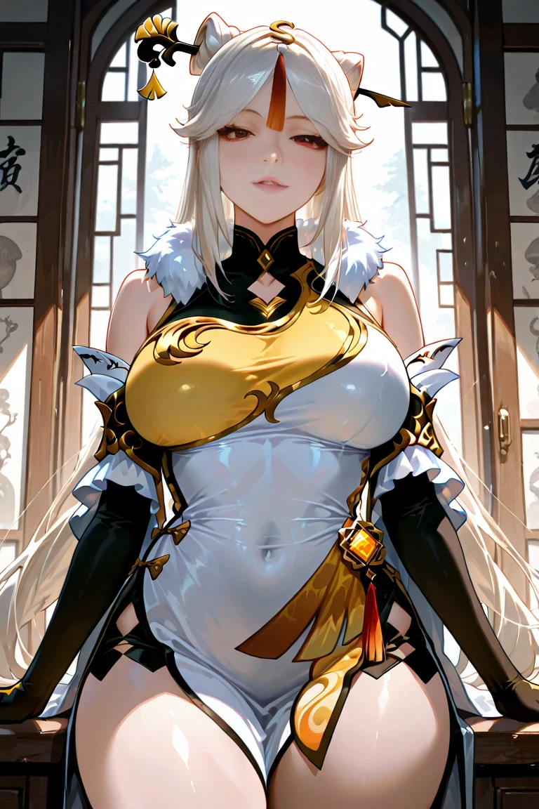 The Orders Appearance: A tall, lean yet muscular woman, with a long golden hair and eyes with black sclera, pale white skin and golden floral circuitry markings on her body, having a distinctive bust and a curvacious frame, she dons a white qipao with golden trims and hem and wears a golden Greek headpiece, detailed muscle groups and body frame.