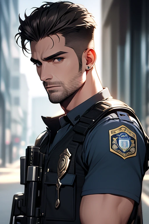((alta qualidade)), ((obra-prima)), 8k, papel de parede 8k de unidade CG extremamente detalhado, masterpiece, best quality, Best quality, masterpiece, ultra high res,detailed background,realistic,illustration,cowboy shot,solo,1boy,muscular male,beard,police uniform,street,muscular,facial hair,volumetric lighting,depth of field