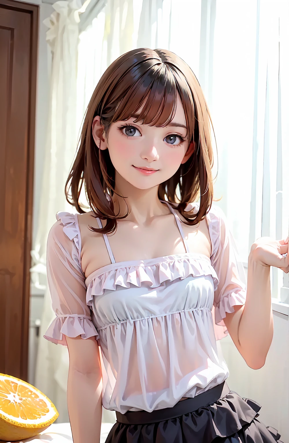 1 girl, uraraka ochako, my hero academia, short hair, brown hair, soft, soft light, delicate, vagina, dripping cum, (small breasts), soft pillows, very excited, blushing, wide and happy smile, pink lingerie, round eyes, fluffy babydoll lingerie, exposed breasts, spread legs 