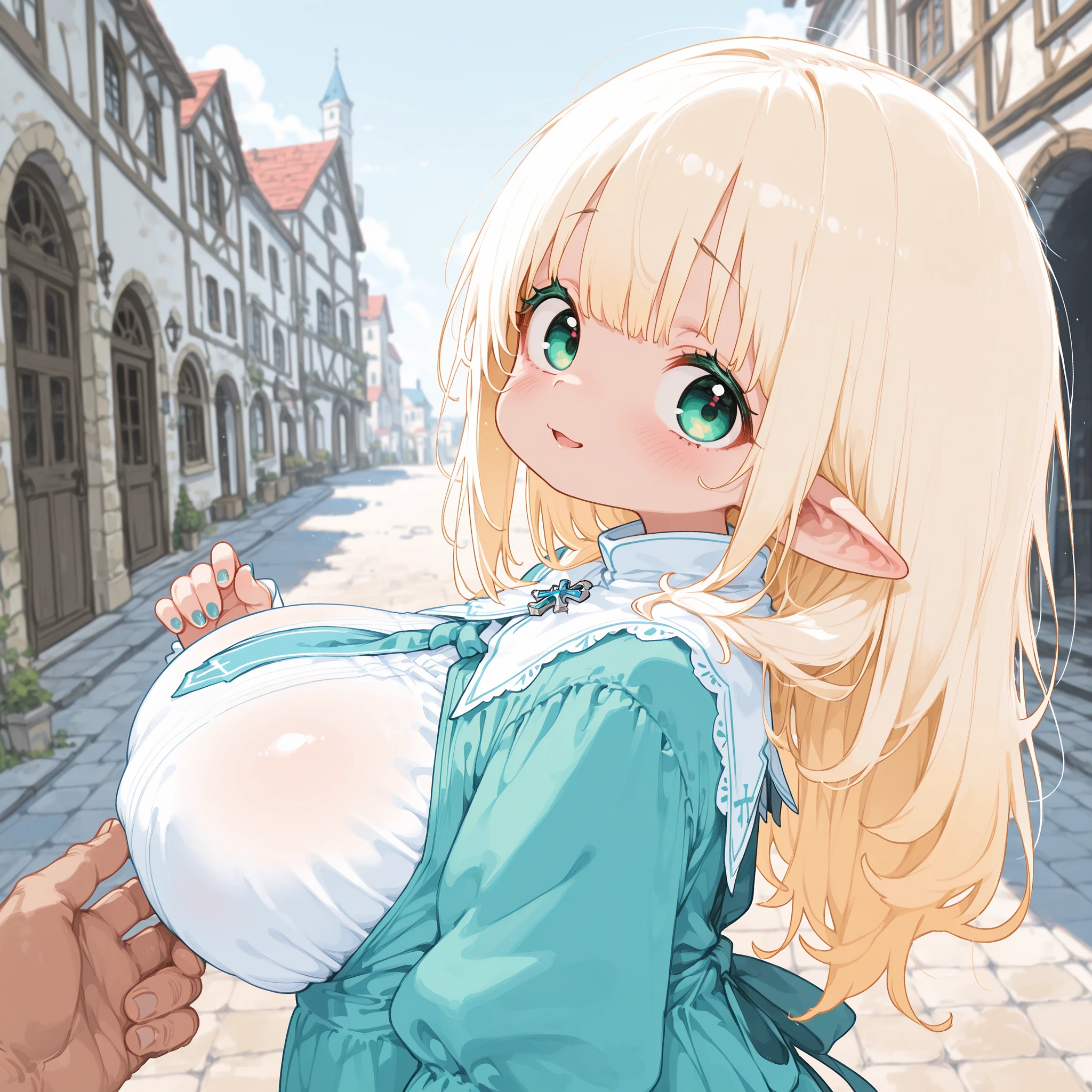 (((link(the legend of the zelda and school uniform covered underwear))),((gender bender,yellow hair,blue_eyes,cowboy shot,hair between eyes)),((milf,42 years old,huge breasts and breasts swelling,school uniform covered underwear))