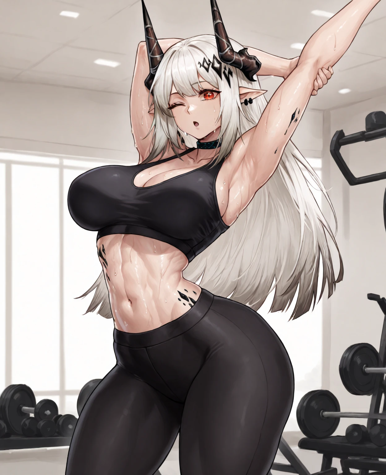 anime style girl 1,70 long light gray hair gray skin shark teeth and gray eyes and light gray pupils very thick and strong legs but no breasts doing squats with an Olympic bar in the gym seen from behind while smiling widely like crazy while wearing a tight gray lycra jacket black color