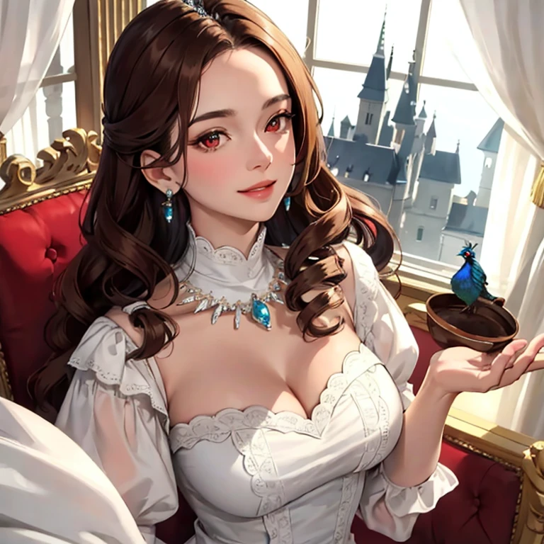 best quality, (masterpiece:1.2), high detail, absurd res, <lora:garnettilalexandros_smf_lora_e02:1>, garnet-smf, White Princess Dress, long gloves, necklace, brown eyes, long hair, medium sized breasts, cleavage, hand on face, digital art, cartoon, sitting on throne, looking at viewer, smiling, medium close-up, fantasy, castle throne room, cinematic lighting, (vibrant:1.1), sharp focus, <lora:more_details:0.6>