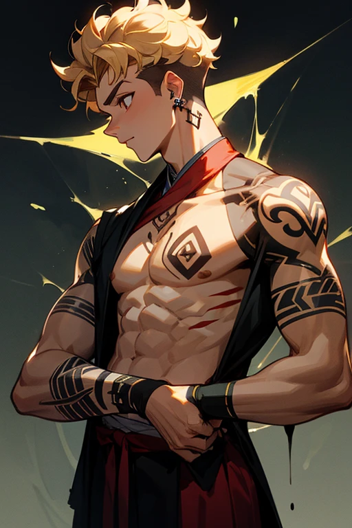 contrapposto, steam,looking away,(finely detailed beautiful eyes: 1.2),beautiful detailed nose, gilgamesh, 1boy, blond short hair, (red tattoos), desert city background, best quality, masterpiece, ultra high res,(photo realistic:1.1),professional lighting, physically-based rendering, <lora:Gilgamesh-01:0.8>