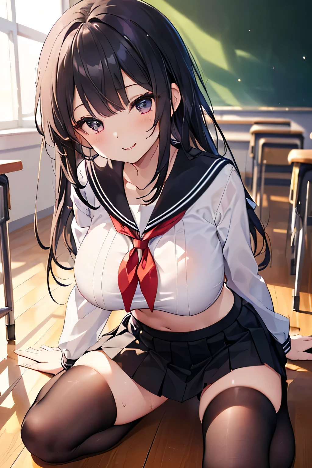 (extremely details CG、Unity、8K Wallpapers)、(extremely delicate and beautiful)、(​masterpiece)、(top-quality:1.0)、(超A high resolution:1.0)、beautiful  lighting、perfect lightning bolt、realistic shadow、[hight resolution]、Detailed skin、ultra-detailliert、detailed faces and eyes、Realistic eyes、Sharp pupils、Colossal tits、(From below:1.2)、cowboy  shot, Inside the classroom、Schools、Evening glow、beauitful face、blurry backround、16-year-old beautiful girl、shinny skin、Side Up、Beautiful black hair、Blunt bangs、Red Eye、(Katyusha:1.2)、a sailor suit、Pleated miniskirt、Curve、(Sit on a desk、Stand on one knee、Put your face on your lap:1.u can see light panties:1.2)、Gentle smile、
