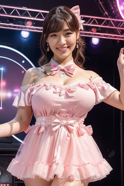Realistic, Photorealistic, Masterpiece, Best Quality, One Girl, Solo, In the Stage, Stage Lighting, Stage Spotlight, Look At Audience, Smile, idol_singing_costume, (pureerosface_v1:0.8),Korean Idol,Nogizaka Idol,Actress,Gravure Idol