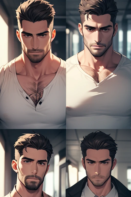 Best quality, realistic, award-winning illustrations, Full Body Display (Intricate Details: 1.2), (Fine Details), (Intricate Details), (Cinematic Lighting, Best Quality), Sharp Lines, Sharp Focus, Official Art, 16k, On White Background, (A Man with a Bad Smile: 1.3), A Naughty Young Boss, A Shredded Short Hair and a Muscular Man with Stubble with a Beard, Macho (Short Hair Beard: 1.3), One Inch Head and a Smiling Look, Approx. 32 Years Old, (32 Years Old), Short Inch Hair, (Beard: 1.3), (Detail with Light Wrinkles on the Face: 1.2), (Mature Male Facial Detail: 1.2), (No Beard: 1.3) , pronounced male characteristics, flirting with the camera. No top, bare chest, revealing perfect chest muscles and alluring, only the lower body wearing completely transparent skin-colored thongs, naked, thick, varicose veins, slightly shiny, slightly nude, seems to overflow, alluring faint overflow, extreme detail depiction, man poses for photos, sexy and provocative, all white background, poses to take pictures. Full body display (transparent skin-colored thong with faintly revealing internal structure: 1.7) (Extreme sexiness and seduction: 1.5) (Full body display: 1.6) --auto --s2
