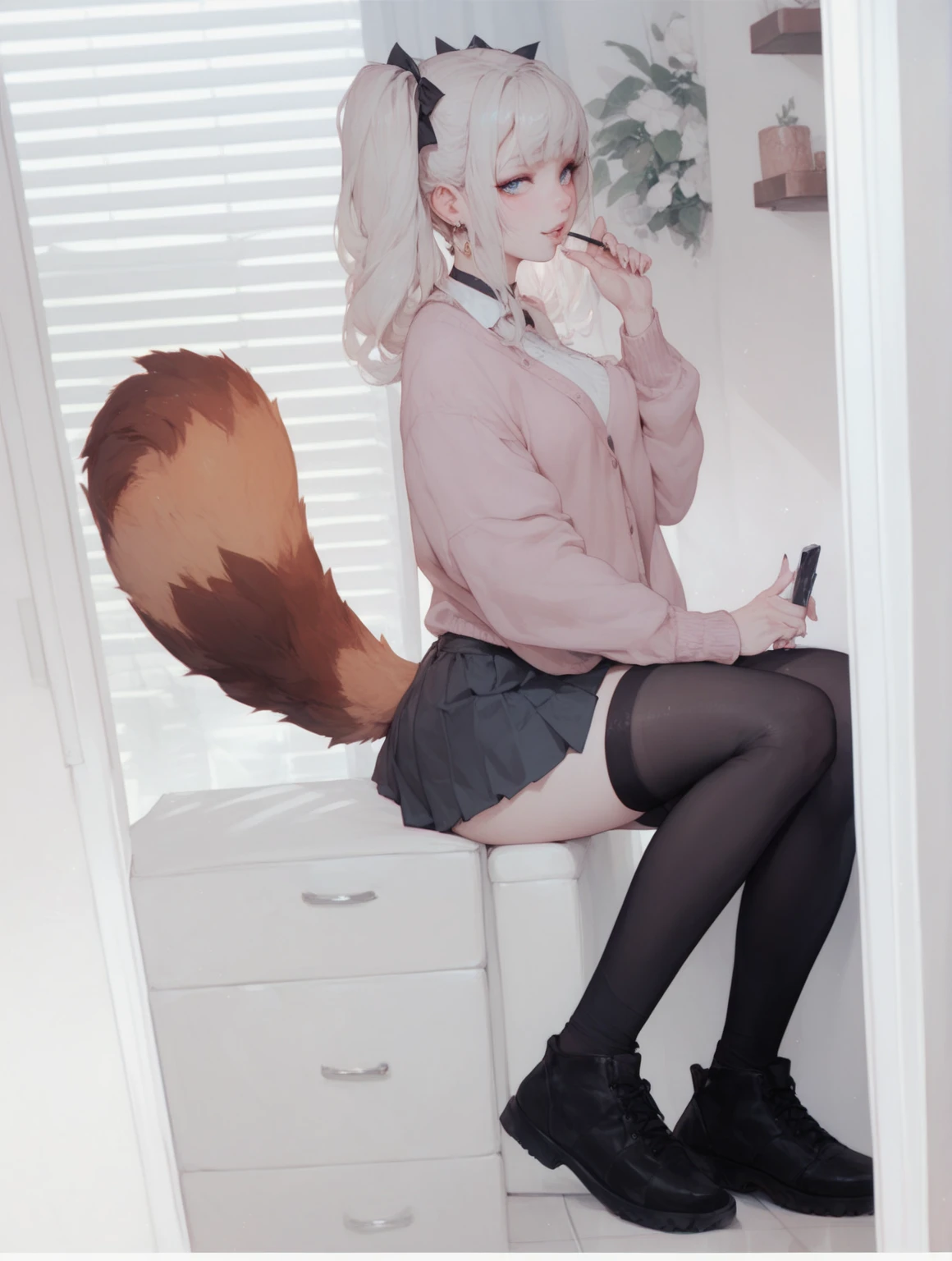 I have white pink hair, cat ears, a bun, my face is super blushing, black glasses, pink heart eyes, a big pink sweatshirt, a black skirt, black stockings, white shoes, a cat&#39;s tail, a girl. very shy that she is glued to a wall with her butt