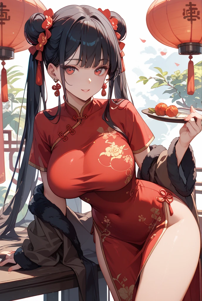 a beautiful woman, City,(Standard red silk cheongsam), (flower buns), (gold embroidery thread), (Such), Outdoor Chinese restaurant, Open your mouth and smile, ((black hair)), Little blush, side, (Chest), Reflex hip，Big breasts