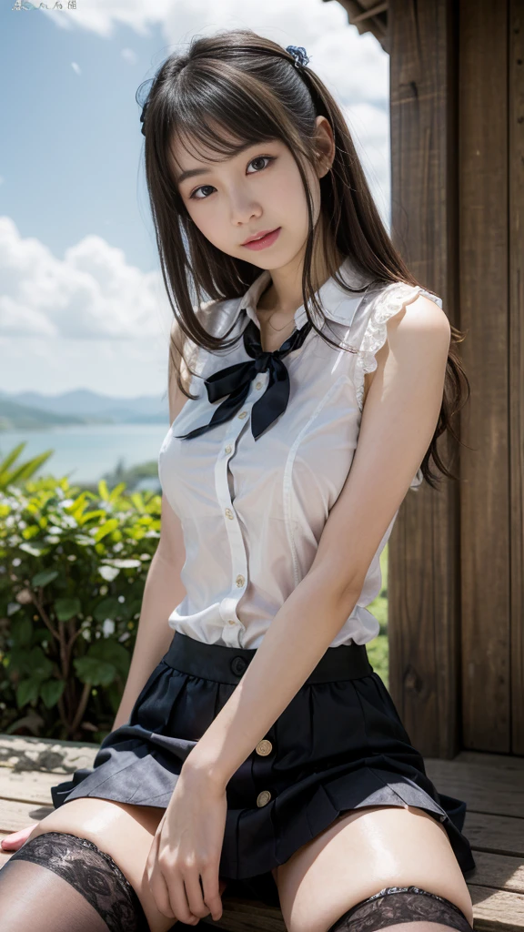 ((of the highest quality, 8K, masutepiece: 1.3, Raw photo)), Sharp Focus: 1.2, (1 AESPA Girl :1.1), Solo, (Realistic, Photorealistic: 1.37), (Face Focus: 1.1), Cute face, hyperdetailed face, (short messy hair: 1.2), Small Smile, Small breasts, flat chest, nude, (taking off her chiffon button down black shirt and skirt, chiffon panties: 1.3), Thigh, Picturesque lakeside cottage surrounded by nature, Roll up the skirt, (((See all panties)))