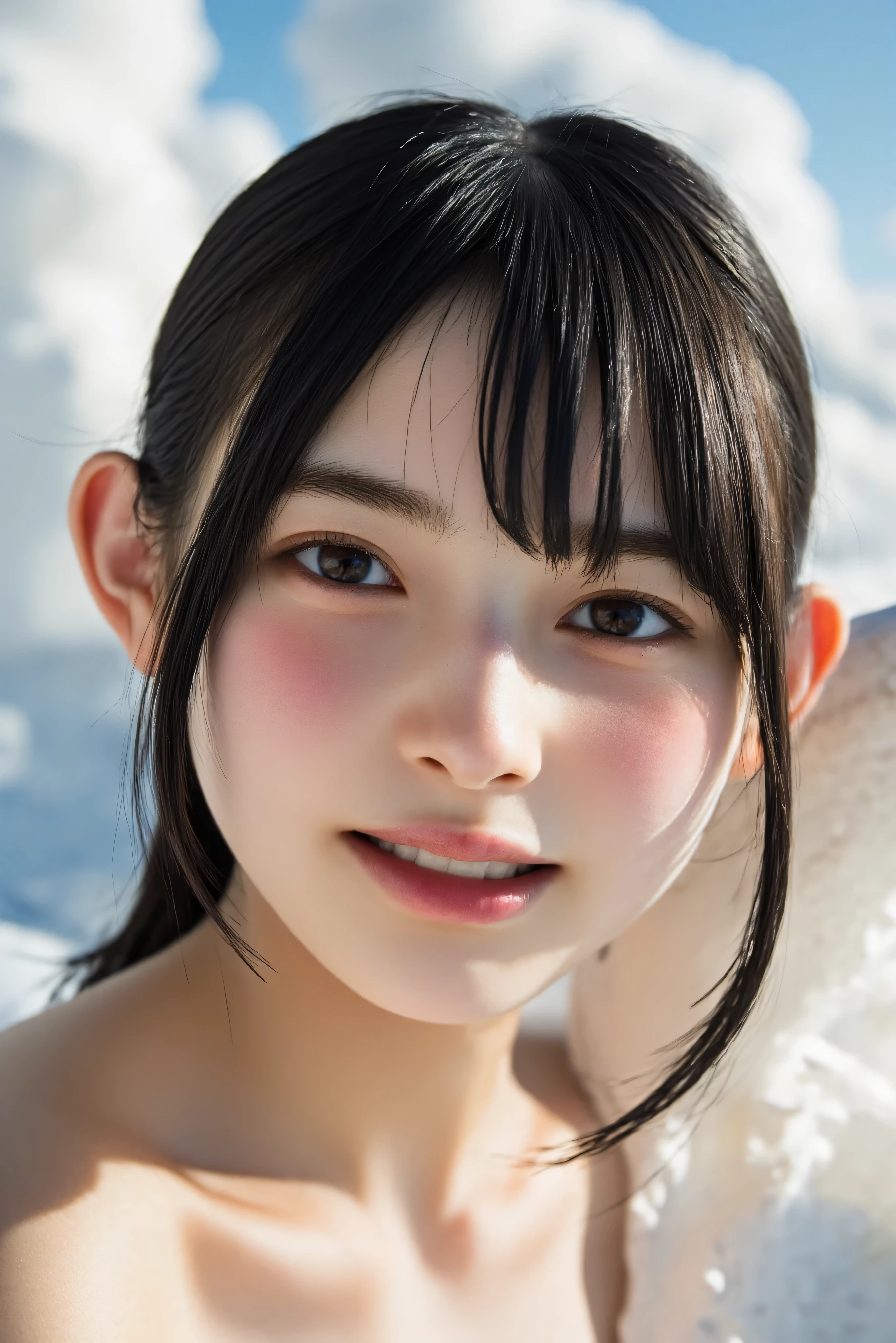 () ,girl、(Bunny ears headband)。(Random Nudes),Exhibitionism,((Random exposure of genitals))。 Beautiful areola。Small breasts. Thin Hair。(On top of a snowy mountain). Detailed and complex background。((Light black hair))。(Round face). ((Short Bob Hair)). Cute smile. Idol's face. Smooth Hair. Thin Hair. White skin. Cute pose with legs apart.