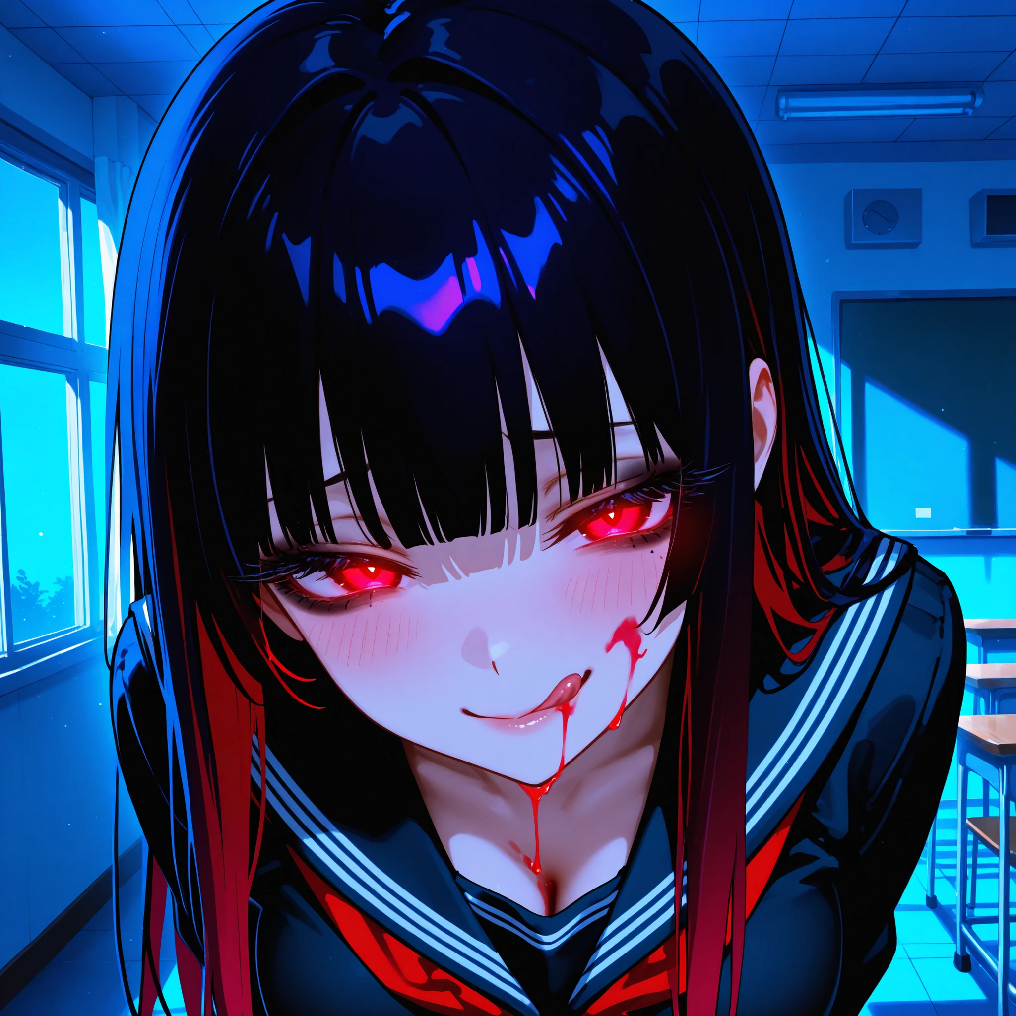 masterpiece, best quality, amazing quality, very aesthetic, newest, ultra detailed, absurdres, 4k, HDR, vivid colors, thick eyelashes, black hair, long hair, hime haircut, red eyes, glowing eyes, black eyeshadow, medium breasts, black seifuku, yandere, dark night, school, indoors, looking at viewer, dark red liquid on face, half-closed eyes, leaning forward, licking lips, face portrait, face close-up
