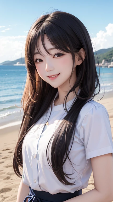 Japanese female, (underweight), (medium bust best quality:1.5), 30 years old, (cheerful grin:1.0), NSFW, beach, walking, long hair, (beach), full body shot, (long shot), ground-level shot, (at midnight:1.3)