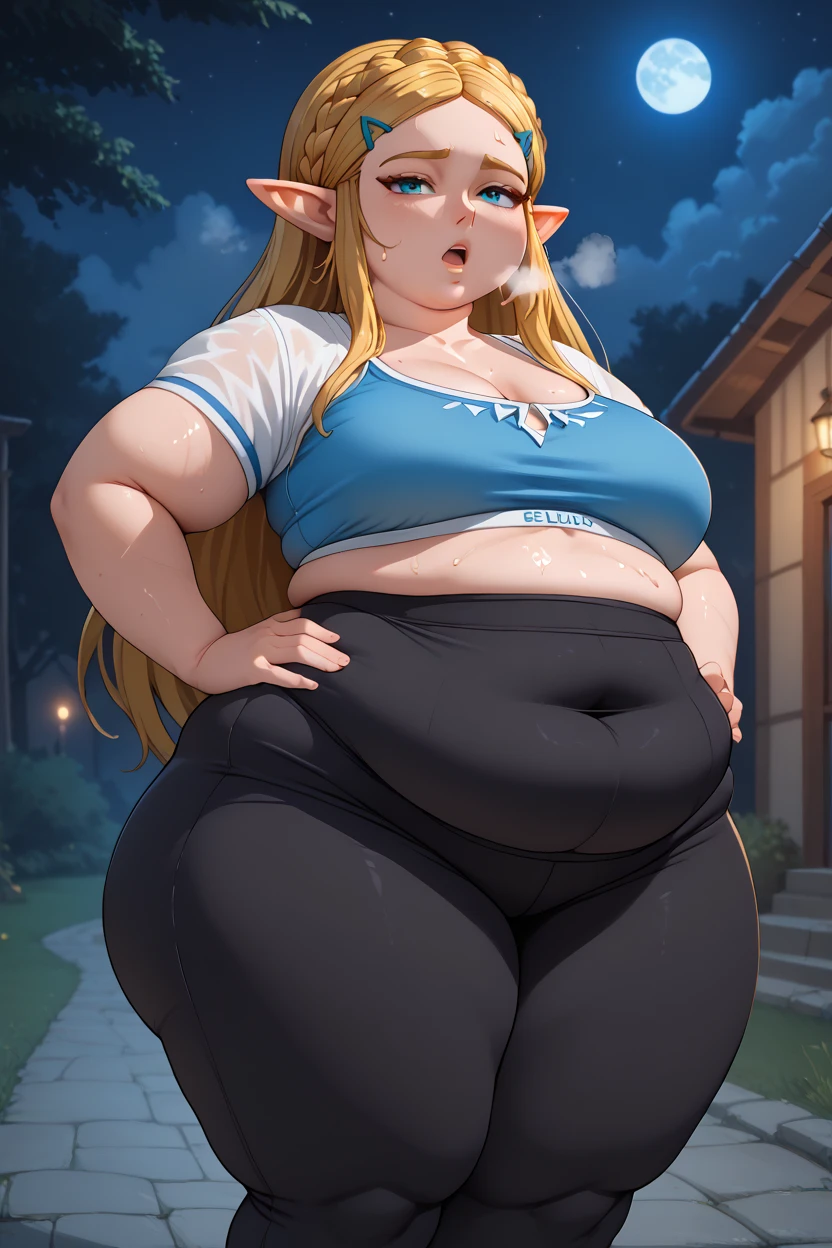 RULE_OF_THIRDS, Romanticism painting of a Caucasian SSBBW supermodel elven goddess in lingerie, thicc, she has a jiggly fat colossal belly, small navel, oppai proportions, wet sexy skin, long flowing hair, long elf ears, dynamic lighting, wallpaper, heavy detailed, thick SSBBW body, powerful and huge, realistic wet sexy lingerie, extremely plump, hyperrealistic full figure, beautiful chunky SSBBW legs, beautiful chunky SSBBW hands, beautiful Appalachian sunset, beautiful Appalachian forest, perfect face, mesmerizing hazel eyes, she is so stuffed she is about to burst,
