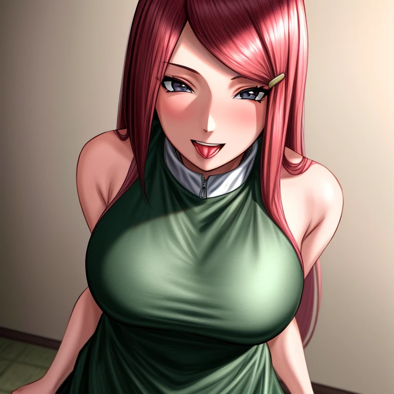 uzumaki_kushina, large_breasts, standing, solo, kushina_green_dress, masterpiece, best quality, detailed face, detailed eyes, highres, smile, (masterpiece:1.4, best quality:1.2), (Highres), (Detailed Illustration), Ultra-Detailed, konohagakure, uzumaki_kushina, kushina_green_dress, standing straight,