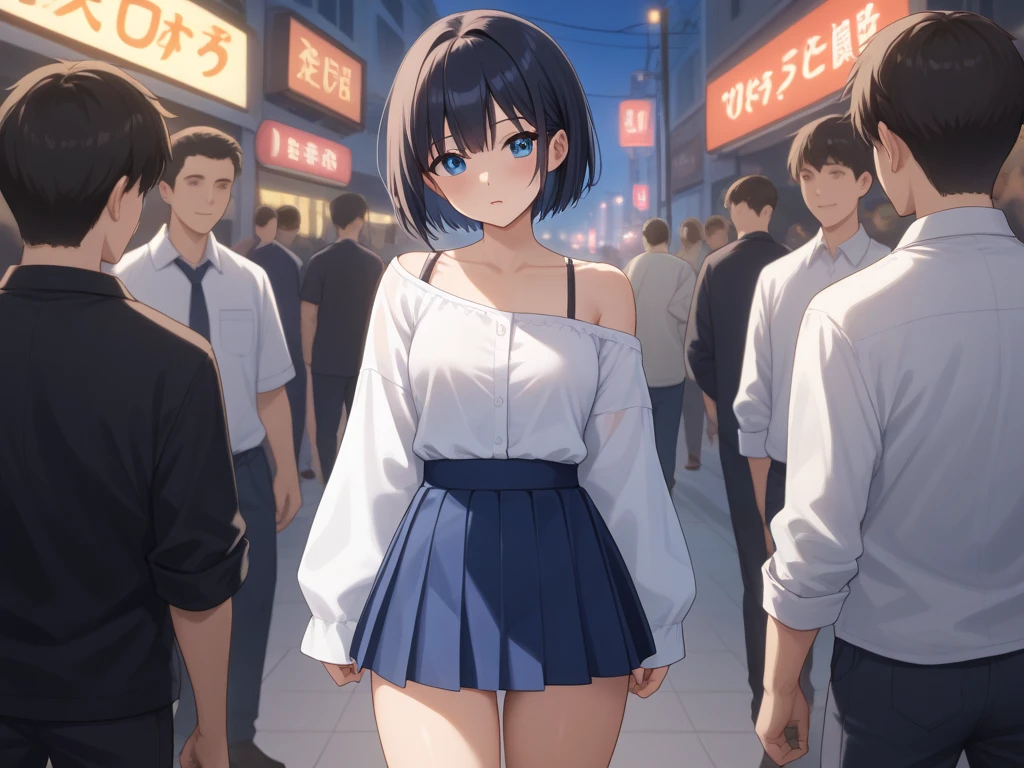 ,(8k, Highest quality, masterpiece: 1.2), (tomgirl: 1.37), (beautiful face),Very detailed face, One Girl,(midnight,flashing,embarrassed:1.5,shyness:1.3,Humiliation: 1.2), Beautiful attention to detail, Floating messy short Hair, (shirtlift:1.3), stockings, (whole body:1.2),(Night famous street,mob people,crowded,(flat chest:1.2)),background blur,fake smile,(at alley:1.3),cute,tears,Pleated checkered black white Microminiskirt,open mouth