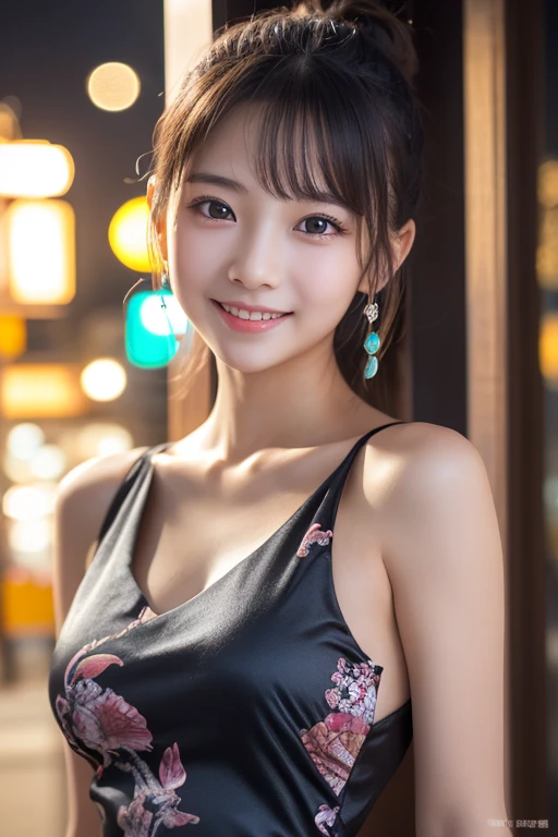 table top, highest quality, 8k, , teen, RAW ph absurd, award-winning portraits, smile, alone, (night:1.8), idol face, violaces, delicate girl, Upper body, Digital single-lens reflex camera, looking at the viewer, Frank, Sophisticated,thin arms, professional lighting, film grain, chromatic aberration, (Eye and face details:1.0), (Bokeh:1.1) , (qipao dress:1.1) , close your mouth