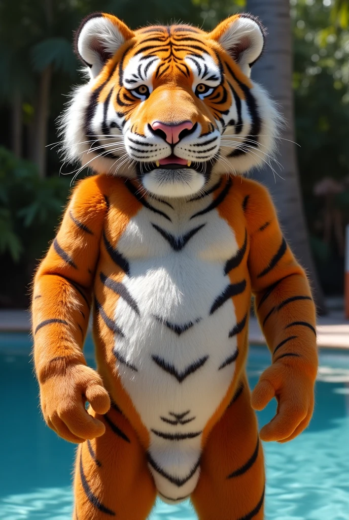 -- male furry wildcat with red spiked penis, full body, standing on a deserted beach