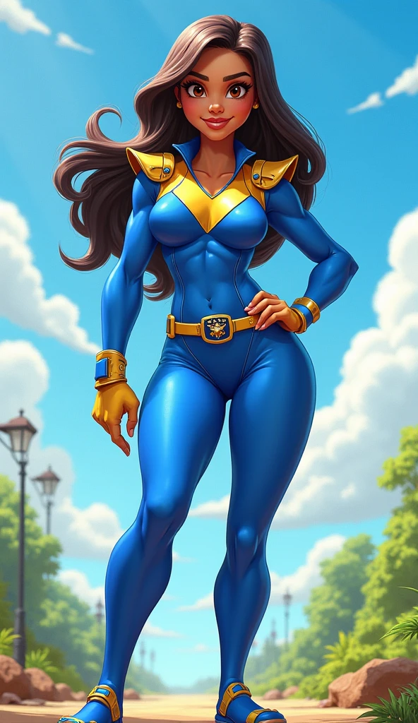 1girl (kitty pryde, white skin, brown eyes, brown long hair, blue and yellow costume, showing shoulders, posing for a pic on the street (obra prima, master quality, higghres, detailed background, luzes dinâmicas, melhores sombras)