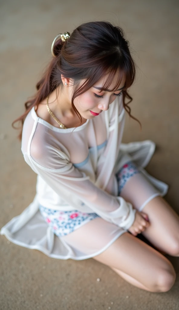 High image quality, sheer long t-shirt, realistic woman, no underwear, soaked, rain, sunlight through the trees, legs open, relaxing, comfortable, short hair, skimpy, areola, skin luster,