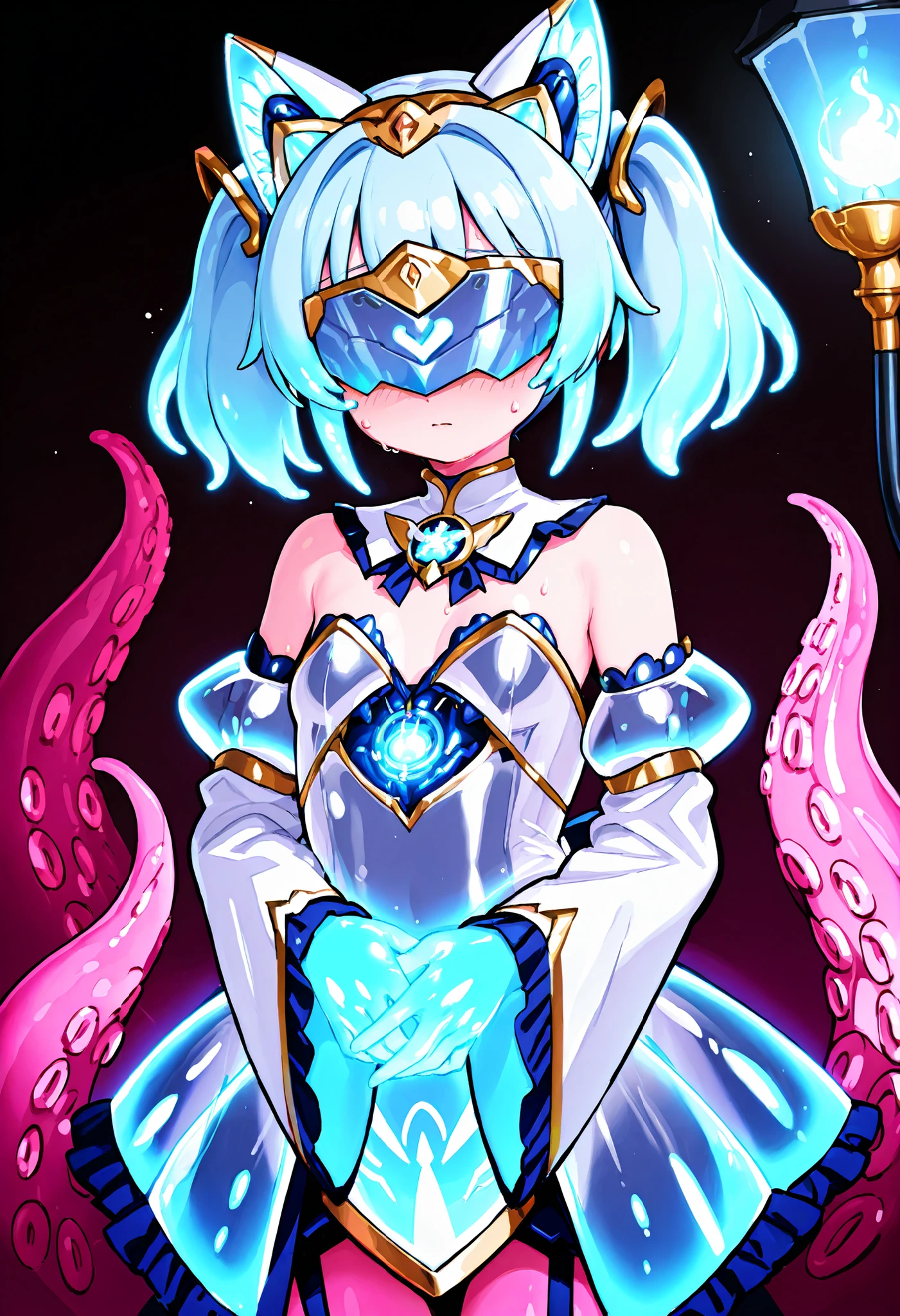 Tentacle girl. Light blue hair. Short hair. Twin tails. Mechanical cat ears on a glowing lamp. Visor covering the eyes. Light blue magical girl costume. Living costume. Transparent costume. Fusion with tentacles. Sleeves hiding hands. Multiple tentacles from inside the sleeves. Glowing core in chest.