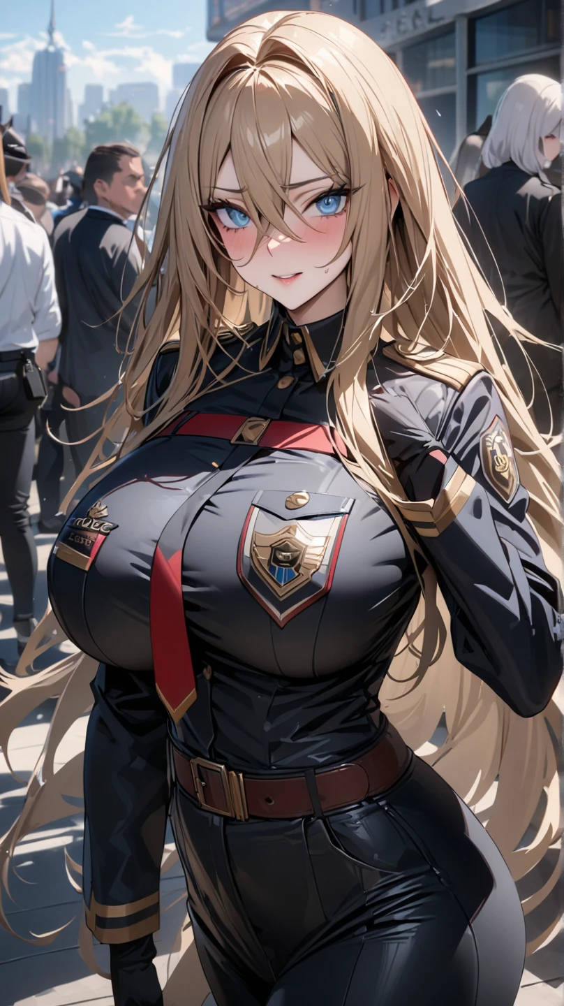 A blonde girl with shoulder length hair, with busts (boobies) size G ou GG e nádegas  (in this) size G, with a face of correct proportions and extremely beautiful, wearing a dark blue uniform that covers part of her body, However, there are more open parts of the uniform, such as near the bust, so as not to get in the way during the fight..