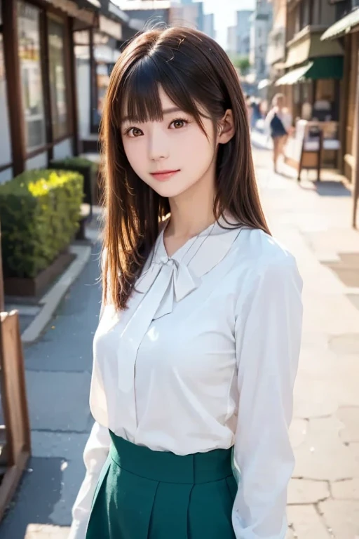 Station platform、Japanese women、young woman、22 years old、(French braid,ponytail)、(White lightweight blouse:1.8),(see-through bra:1.3)、(Formal attire),(corset、Pale mint green long skirt:1.2),slender、(Large Breasts:1.6)、(Beauty、Beautiful Face、cute),attractive、Look away、(Understand the lines of the body:1.3)、Good posture、(Beautiful Skin、Smooth Skin、Smile),Photograph the whole body