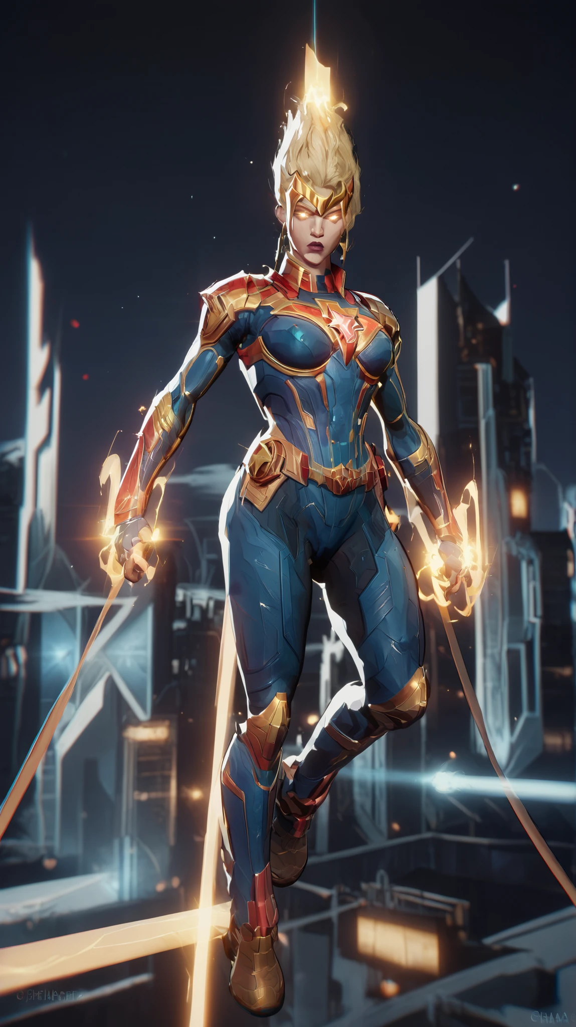 A dynamic 3D video game render of Captain Marvel (Vanguard), poised mid-air with a determined expression and glowing white eyes, showcasing her modernized armored suit. She wears a streamlined navy blue bodysuit with golden accents, a bold gold starburst emblem across her chest, and red forearms and boots, with a subtle circuit-like etching visible on the fabric. Cosmic energy flares trail from her boots as she hovers above a futuristic cityscape at twilight, her chest emblem pulsing brightly with cosmic force, hinting at her ultimate ability. The background features towering skyscrapers with holographic advertisements and a vibrant, energetic atmosphere.