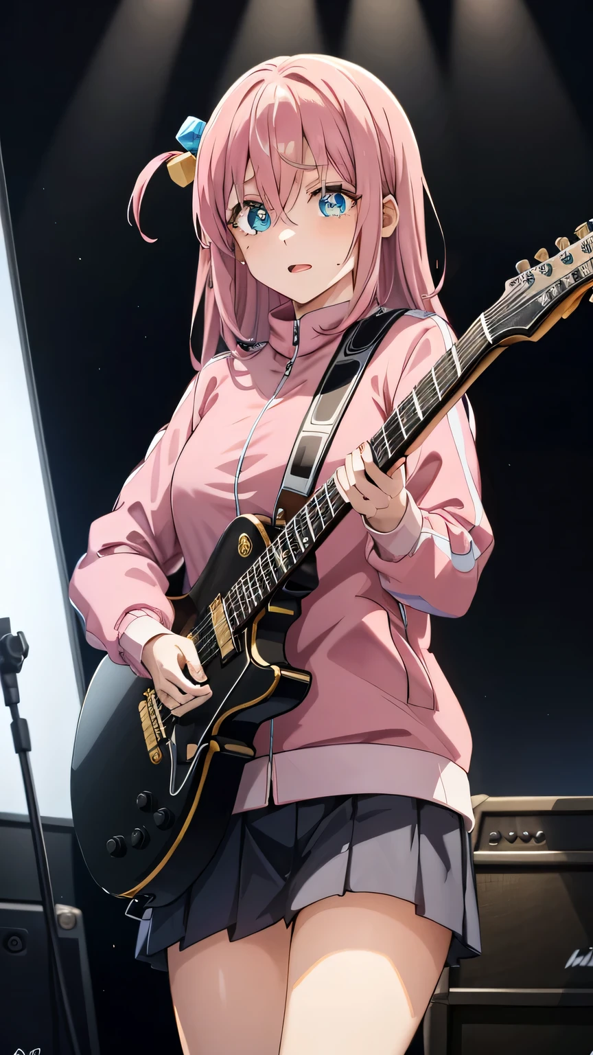 {{{masterpiece}}}, (best quality:1.5), (ultra-detailed:1.5), {illustration}, {{an extremely delicate and beautiful}}, (beautiful detailed eyes:1.6), absurdres, highres, extremely detailed face, 16k, hd, visual anime de uma jovem mulher, extremamente bonito rosto de anime, anime melhor garota, (perfect hands, perfect anatomy), anime face, hitori gotou(bocchi the rock), 1girl, solo, cute face, pink hair, long hair, (one side up:1.5), cube hair ornament, hair between eyes, hair ornament, sidelocks, big eyes, black pupils, blue eyes, medium breasts, big hips, curvaceous, BREAK, (pink jacket:1.5), close jacket,  jacket tuck out, long sleeves, track jacket, track suit, black skirt, pleated skirt, thighs, BREAK, idol stage, live stage, on stage, performance, holding instrument, electric guitar(YAMAHA PACIFICA 611), black guitar, black guitar strap, spot light, audience, strobe effect, illumination, strong light coming in, three-quarter view