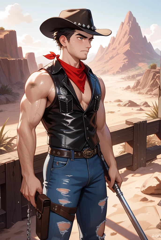 (((1boy))), An incredibly attractive, beautiful 18 year old cowboy with short back hair and bright blue eyes, a small short black goatee, revealing his ripped body, pecs, abs and biceps and (((hard nipples))) while wearing a black cowboy hat, tight black jeans with a belt and a necklace. (((Solid Black Background))) <lora:muscle_slider_v1:-2>