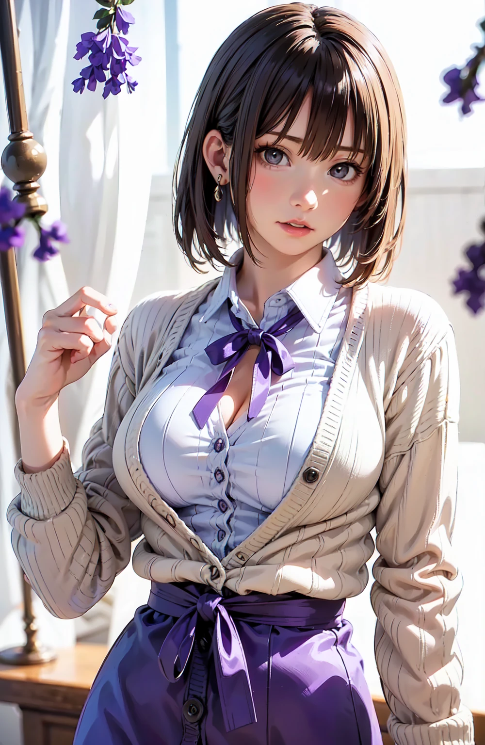 (masterpiece:1.2, top-quality), (realistic, photorealistic:1.4), beautiful illustration, (natural side lighting, movie lighting), 
looking at viewer, 1 woman, japanese, 22 years old, high school teacher, perfect face, cute and symmetrical face, shiny skin, babyface, 
(short hair, straight hair, dark brown hair), hair between eyes, dark purple eyes, (middle breasts, seductive thighs, big ass), piercings, 
beautiful hair, beautiful face, beautiful detailed eyes, beautiful clavicle, beautiful body, beautiful chest, beautiful thigh, beautiful legs, beautiful fingers, 
((navy jacket, close jacket, navy tight skirt, white collared shirt), black pantyhose), purple neck ribbon, high heels, 
(beautiful scenery), night, living room, sitting sofa, (lovely smile, upper eyes),front open shirts,purple bra,big breasts,big areola,big nipples,open legs,purple panties,
