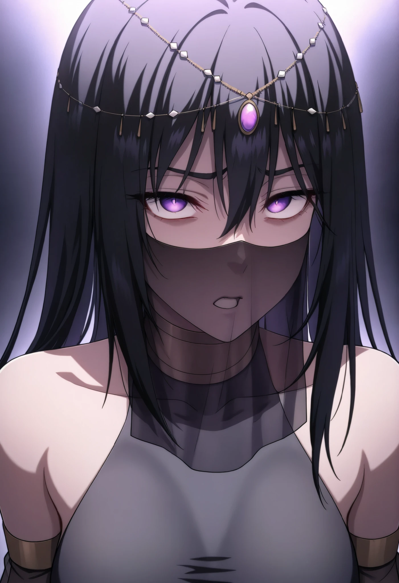 masterpiece, best quality:1.2), amazing quality, very aesthetic, 32k, soft lighting, absurdres, extremely beautiful, newest, scenery, extra details, (sharp detailed:1.2),1girl, solo,long hair, black hair, purple eyes, hair between eyes veil, mouth veil, circlet, arabian clothes, gold choker, turtleneck, covered collarbone, bare shoulders, black crop top, detached sleeves, see-through sleeves, midriff, navel, o-ring, waist cape, pelvic curtain gladiator sandals,close up,portrait,