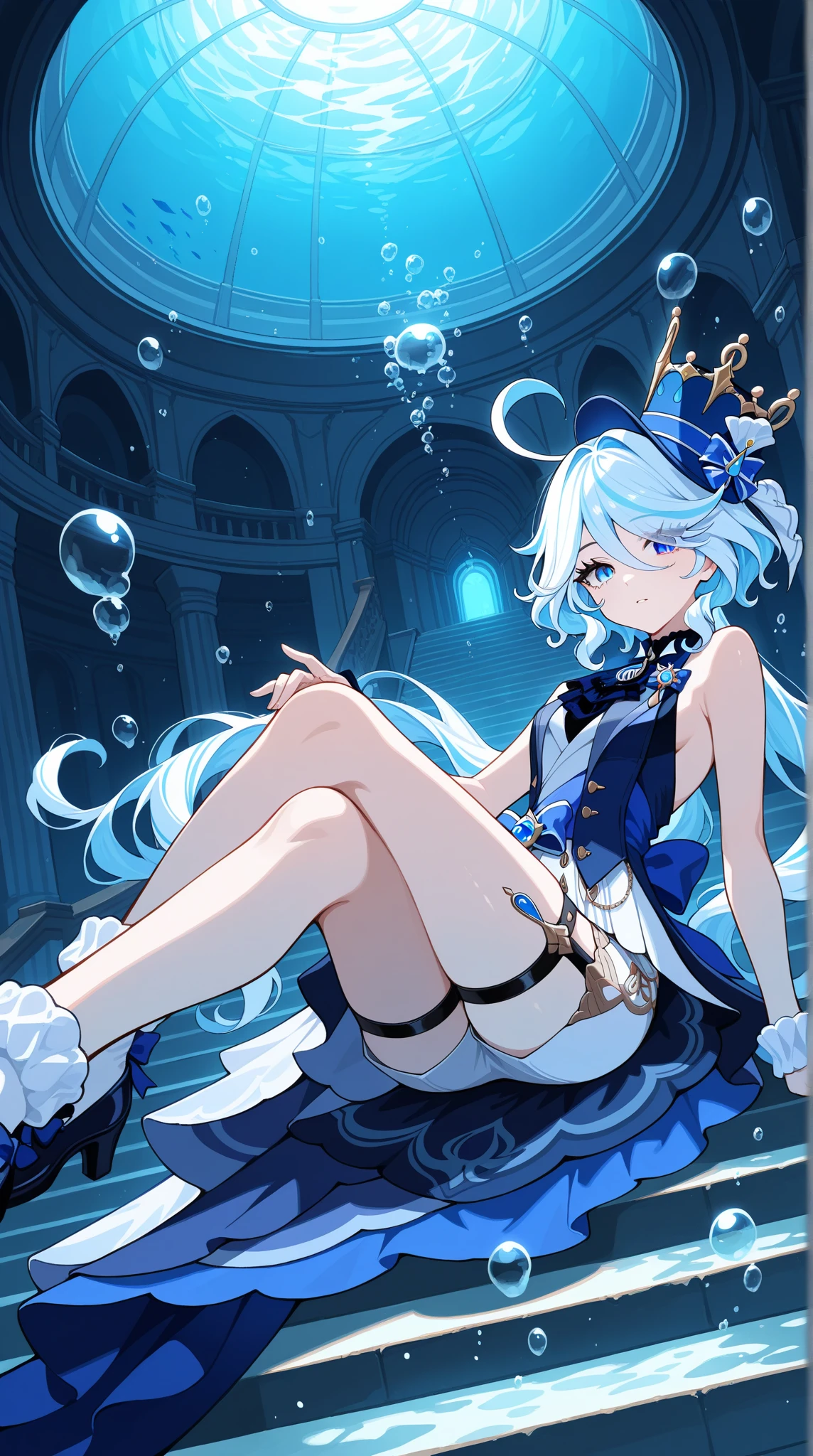 Furina, Surrealism, 8k, super detail, hydro aarchon, thicc thighs, sitting, beautiful eyes, genshin, masterpiece, best quality, ultra-detailed, illustration, epic lighting, cinematic composition, isometric, 1girl, solo, cute, enchanting gaze, captivating pose, indoors, looking at viewer, blush, seductive smile, (8k:1.1),