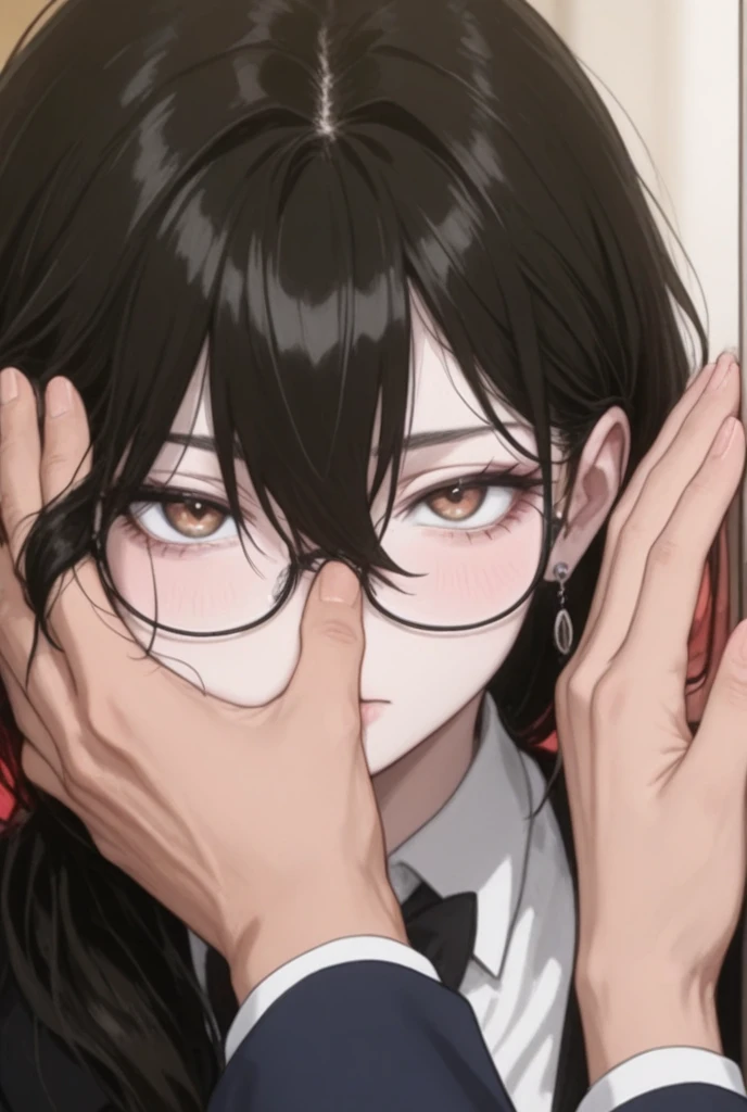 (((fellatio)))、school uniform, blazer、1人の女性、brown haired、Brown eyes、Black-rimmed glasses、 Best Quality、ultra-detailliert、8K resolution、Raw photo、masutepiece、gorgeous faces、Perfect body, Pleated skirt, pantyhose, crawling position、stick out tongue、(((cum facial)))、cum in hair