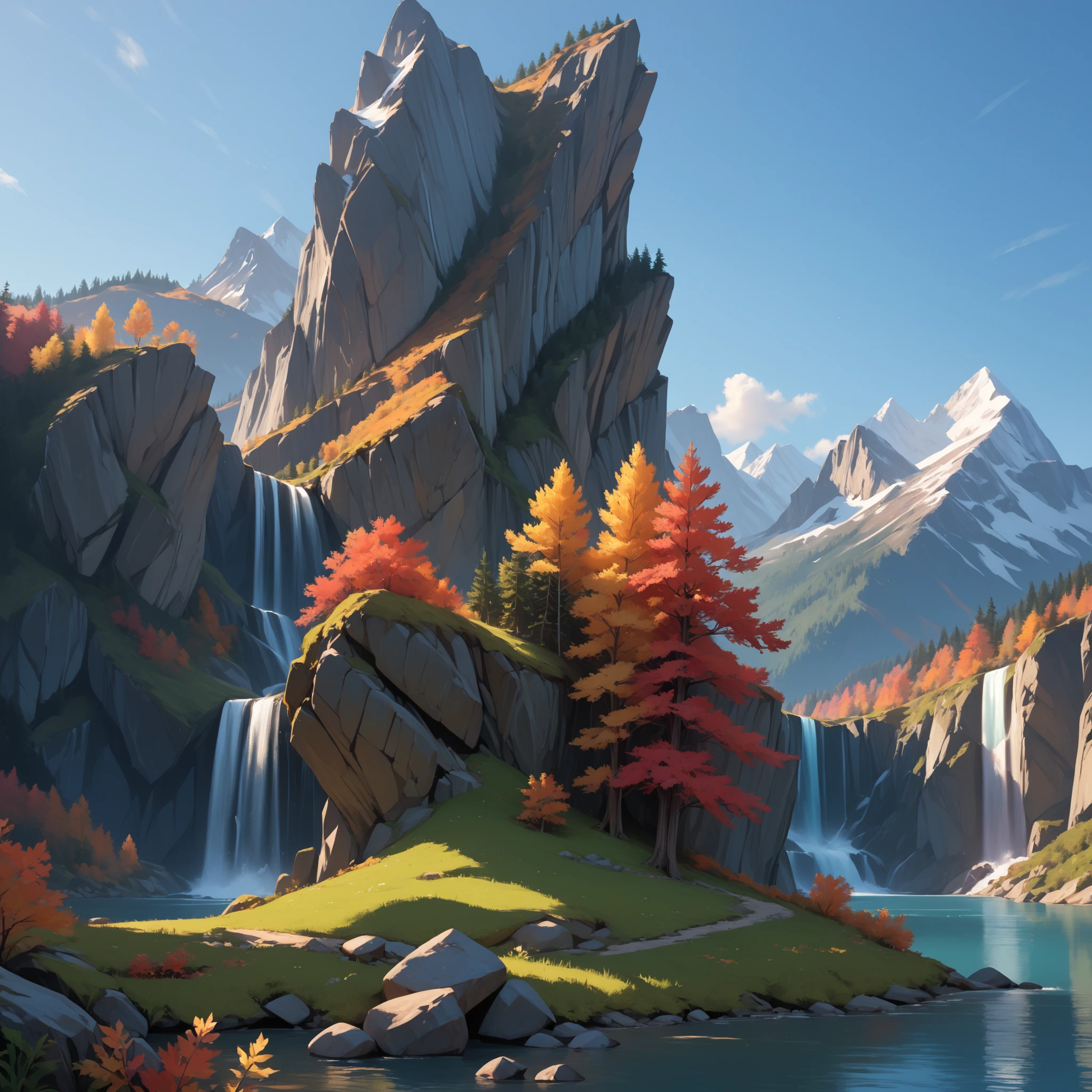 landscape of nature, forest, detailed mountains, (cold autumn evening:1.2), twilight, lake foreground, crystal clear water, 8k, 16k, lone waterfall, highly Detailed, clear sky, fogless, masterpiece, Panorama, wide shot, close-up, outdoor, highres, absurdres, png, lossless,