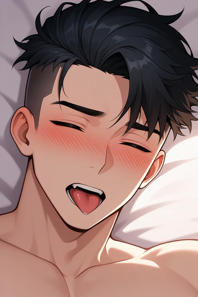 masterpiece, (1Man), (Mature Male), luci, red eyes, black hair, blush, (surprised blush), (naked), (bare chest), (tied with rope), ropebondage, bed,