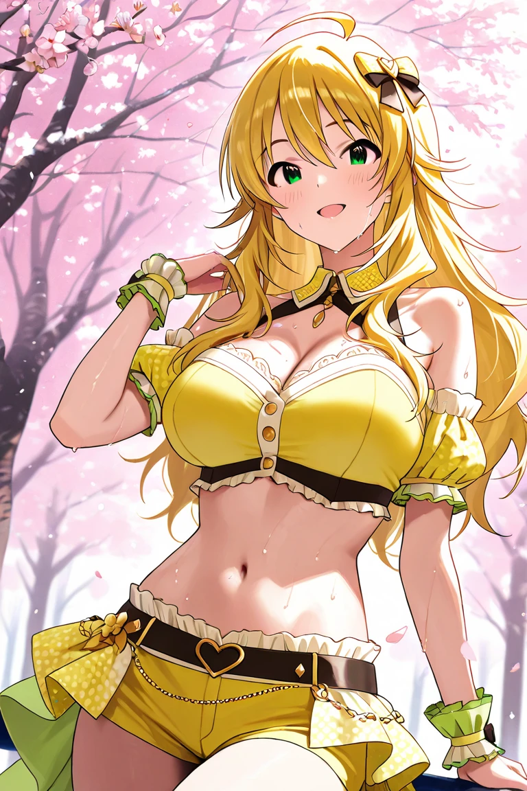 (masterpiece, best quality), best quality, best resolution, (ultra-detailed), (3heads:1.5), 1girl, (yuki1.3), masterpiece, best quality, ultra quality, ultra resolution, ultra detail, dark red and pink top, crop top, ((stomach)), midriff, ((groin)), dark red and pink skirt, normal ears, shackles, blonde hair, very long hair, wavy hair, sidelocks, yellow eyes, parted lips, open belly, sweat, cute, toned belly, hand on own chest, eyelashes, (24 year old woman:1.3), (masterpiece:1.5), (best quality:1.5), (beautiful detailed), extremely detailed CG, extremely delicate and beautiful, depth of field, (finely detailed face), (perfect details:1.2), (mature female:1.3), wide pelvis, slender, large veiny breast, 16k resolution, highres, very high quality, very high definition, extremely detailed, masterpiece, best quality, blonde hair, long hair, alluring presence, braid, short skirt, close up, big tits, young, pink ribbon, girl with three heads, same hair color, blonde,