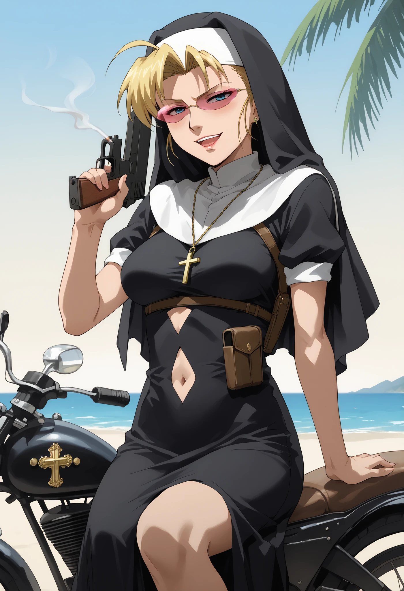 score_9, score_8_up, score_7_up, 1girl, edabl, blue eyes, blonde hair, large breasts, parted bangs,
pink-tinted eyewear, traditional nun, veil, black habit, black dress, cross necklace, white cowl, chest harness, shoulder holster, black sleeves, sleeves rolled up,
evil smile, parted lips, holding handgun, aiming, weapon, hand up,
outdoors, cuba, tropics, havana, ocean, palm tree, riding motorcycle, sitting, side view,
anime screencap, anime coloring, 2000s \(style\), ear piercing, long hair, blush, lipstick,Hot girl, baddie, smoking, sensual, attractive ,, masterpiece, best quality, highly detailed, a girls in long dress with navel cutout posing for a picture, evil smile, smile, open mouth, (nsfw) not safe for work, revealing dress, beautiful dress center opening , long dress with bellybutton showing, official artwork, exposed navel, exposed bellybutton, rich interior, holding a gun, holding pistol, navel cutout, exposed navel, exposed bellybutton,dragon tattoo on waist, narrowed eyes, tattoo on waist,,,dragon tattoo on waist, narrowed eyes, tattoo on waist, medium large breast,anipai_style , anime screencap , anime coloring ,,