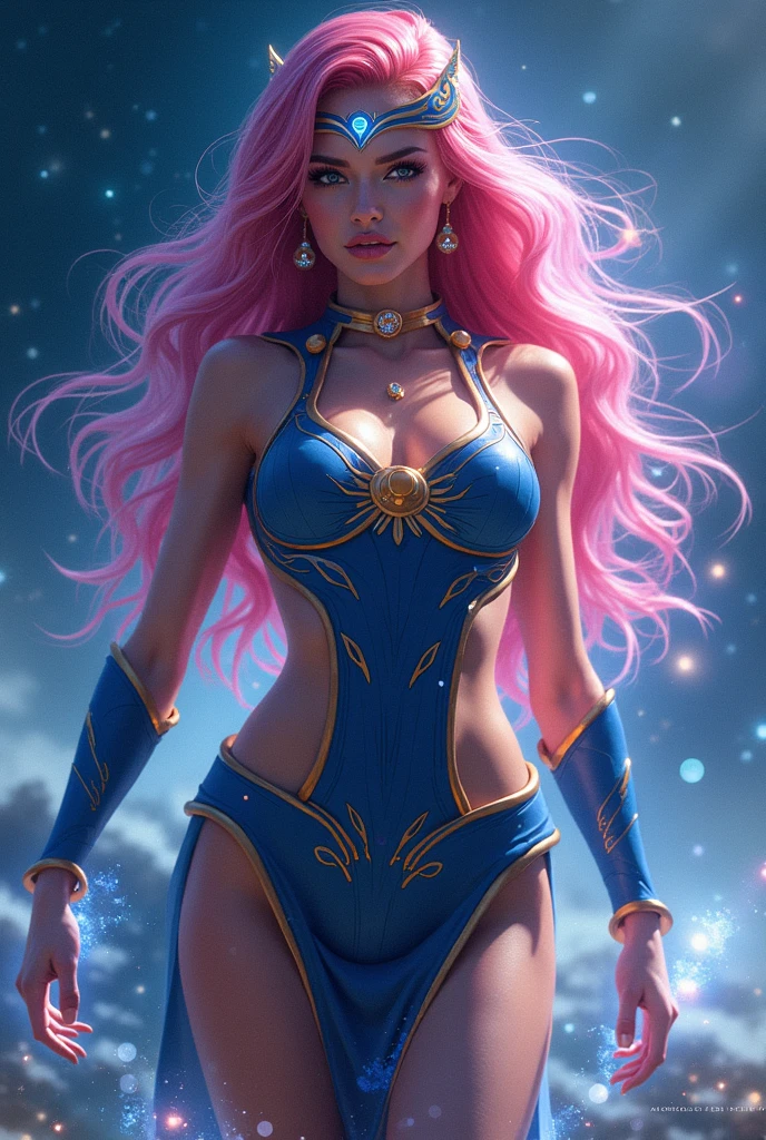 GORGEOUS GODDESS WOMAN , TALL WOMAN BODY, TALL WOMAN, STRONG CURVY ATHLETIC BODY, MUSCLES, BLUE PINK COSTUME, THONG BODYSUIT, GOLD DETAILS, EXPOSED GORGEOUS THIGHS, SWEATY GLUTES, STRONG GLUTES, GOLD TENIS, GOLD GAUNTLETS, HUGE LONG BLUE GREEN PINK HAIR, VERY PALE SKIN, HAIR, BRAIDED HAIR STYLE, EXPRESSIVE LIGHT GRAY EYES, HIGH CHEEKBONE, ROSY CHEEKS, STRAPLESS BODYSUIT, FULL BODY PERSPECTIVE, SIDE BODY VIEW, WAR CENARY, SENSUALITY, MITHOLOGY, MASTERPIECE