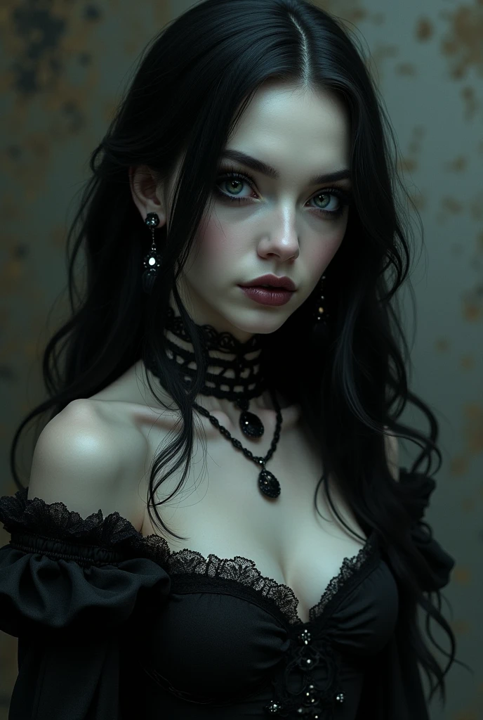 gothic teenager, gothic black dress with leather, with black hair. giant neckline, 30 cm high. blue eyes. Pale, porcelain-white skin. big breasts and slim build. linda.