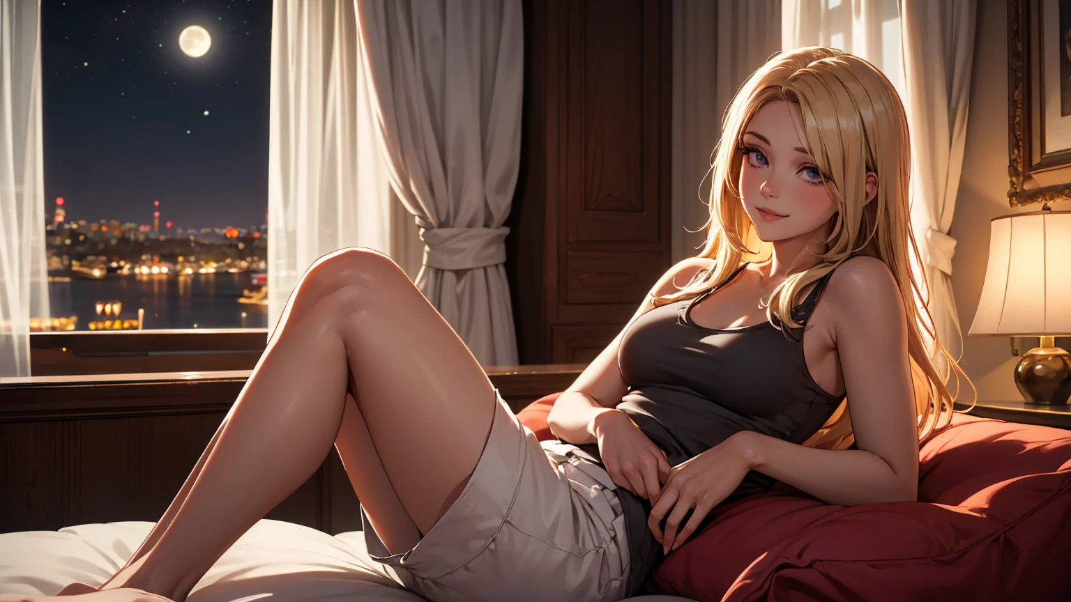 Create a high-quality image of a stunning 18-year-old wolf girl with tan skin. She has long blonde hair and captivating red eyes, wearing a see-through blue tank top that shows her midriff barely covers her nipples and tight sleep shorts. She is sitting on the edge of her bed in a dimly lit, gaming bedroom with the window open, letting in a gentle night breeze. Her posture is alluring, with one leg bent up and the other stretched out, facing the camera seductively. The room is decorated with modern nerdy items, showcasing her love for video games and anime, including a high-end gaming PC, sleek gaming desk, ergonomic gaming chair, and the latest gaming console, as well as stylish anime posters and figurines. The overall ambiance is cozy and intimate, with intricate details enhancing the high-quality visual artistry.