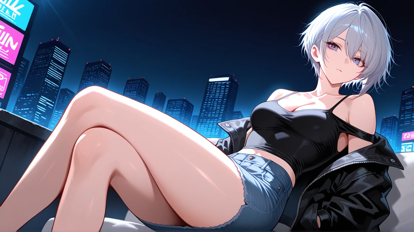 A sexy girl is sitting in a chair by the window listening to music with her eyes closed. Outside the window is a night city.