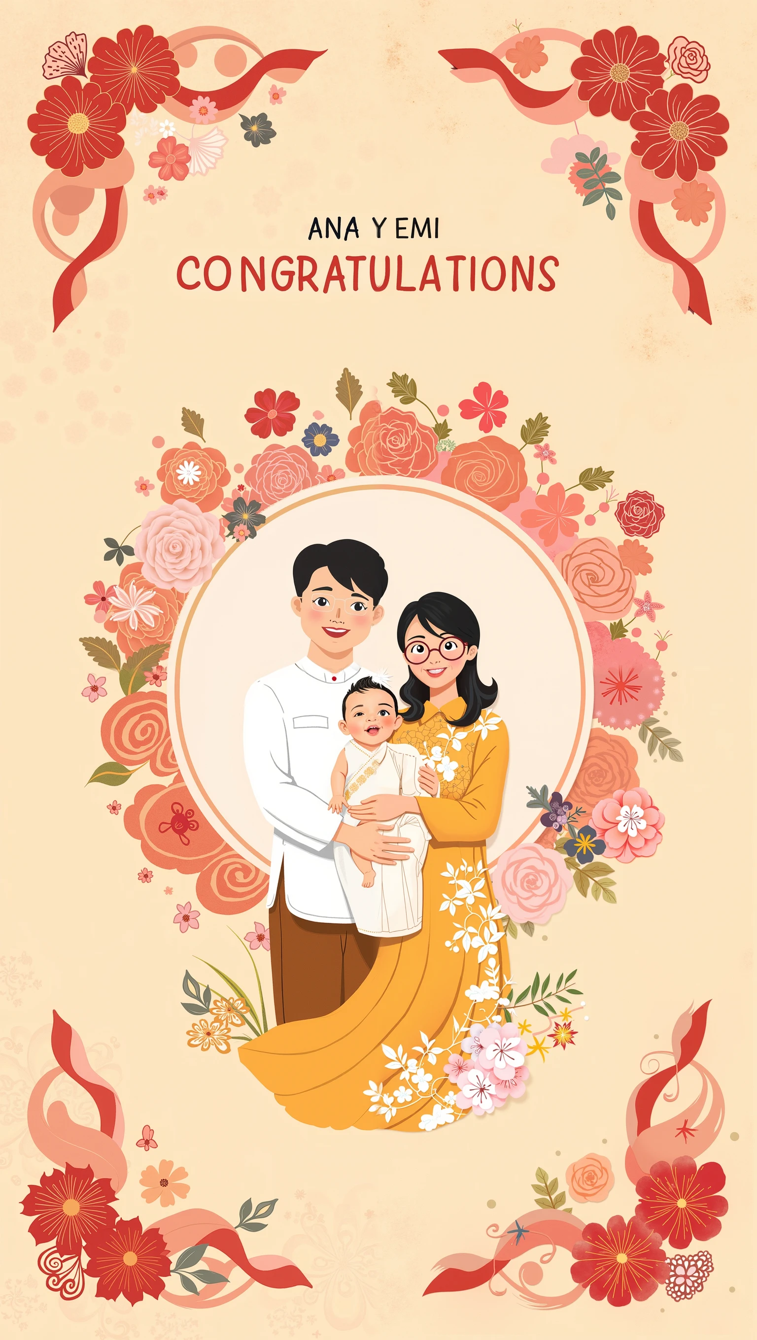 It generates an animated image with a mix of Colombian styles (80%) And Chinese (20%). The Colombian style must be vibrant, colorful, cheerful and expressive, while the Chinese one must be elegant and delicate in the details.
in the center of the image, coloca un bebé of fair skin, with soft features and a subtle touch of Asian heritage, without defining if it is a boy or girl, maintaining a neutral design. The baby is wrapped in a blanket that merges the colors of Colombia (yellow, blue and red ), ARGENTINA ( light blue and white ) and China ( red and gold), with a harmonious pattern that can be soft, with stripes or a more artistic design of small drawings represent each country of Subtle way.
The baby's parents embrace him from the sides:
mother: colombiana, of fair skin, with a careful aesthetic. Wear round glasses, has a wide smile and a very cheerful expression.
dad: of Chinese, with fair skin and subtle Asian traits. Wear rectangular glasses, with a calm and elegant expression.
The background must be decorated with a cheerful frame that includes flowers, ribbons and small Colombian details, but with some delicate touches of Chinese style, like soft clouds or simple patterns. The text "ANA Y EMI CONGRATULATIONS" should go on the top, with a warm and festive typography, but maintaining harmony in aesthetics.