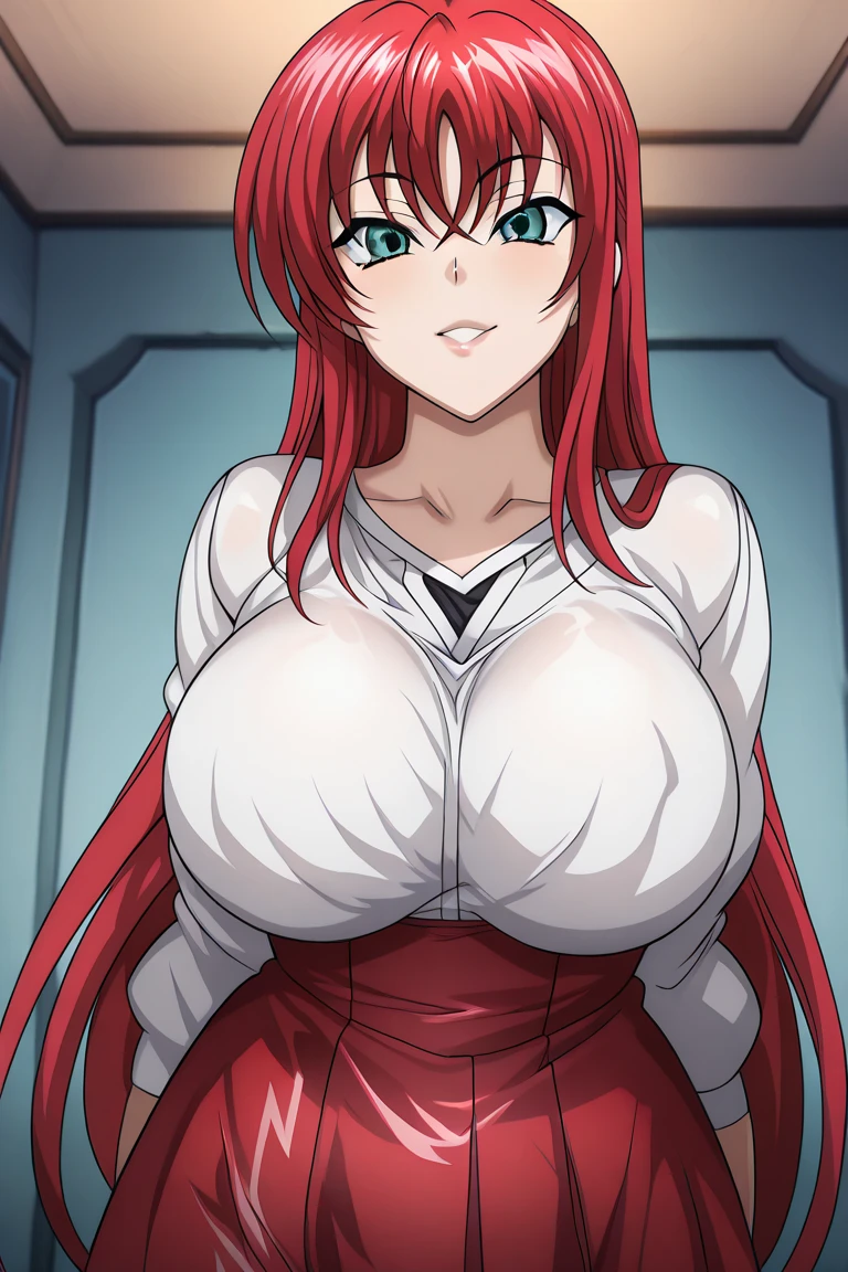 High resolution, Highschool Dxd, Rias Gremory, 1girl, ((bimbo))), long red hair, blue eyes, erotic smile face, sexy face, puffy lips, painted lips, thick lips, wide hips, thick thighs, thick hourglass figure, busty, enormous Natural breasts, shiny skin, oily skin, tall, legs, breasts posing, red skirt, white panties, white top, revealing cleavage,