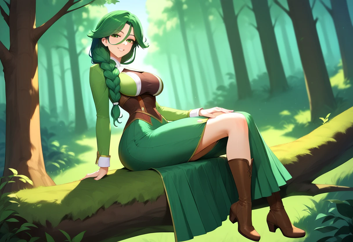 girl, With big breasts, with green shirt, green skirt, by the green wide, green eyes, green lips.
