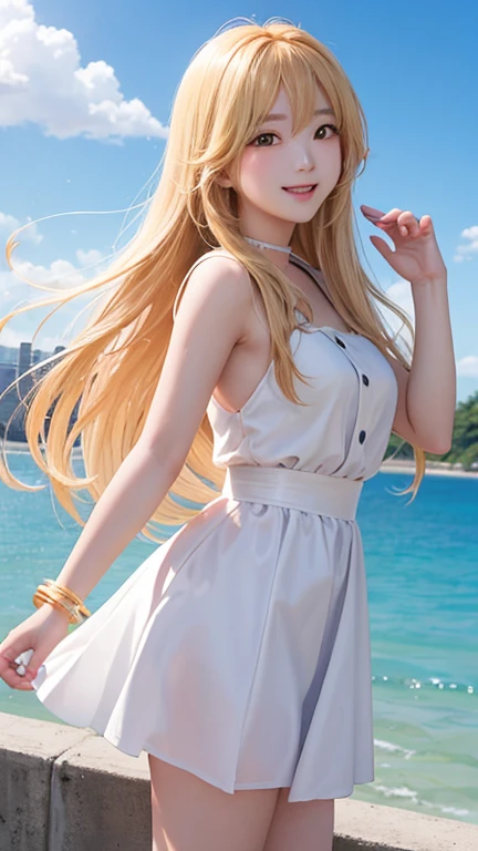 A white dress that goes well with the summer beach、Large Breasts、skin
