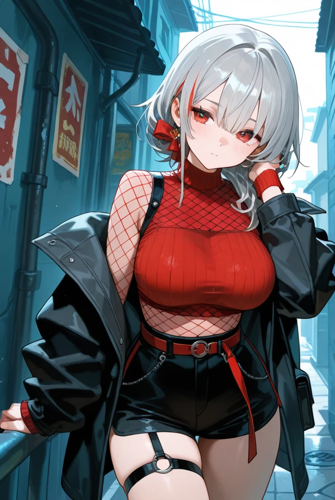 ((masterpiece, highest quality:1.2)),cowboy shot,1woman,20 year old beauty,solo,((very small head)),short hair,messy hair,light blue hair,blue eyes,blunt,((very long and slender body)),toned body,skinny,medium breasts,shiny skin,oily skin,blush,smile,Red leather jacket、 Red tight mini skirt、Black turtleneck、black_thighhighs,black garter belt、on street,Big cities、Cyberpunk World、