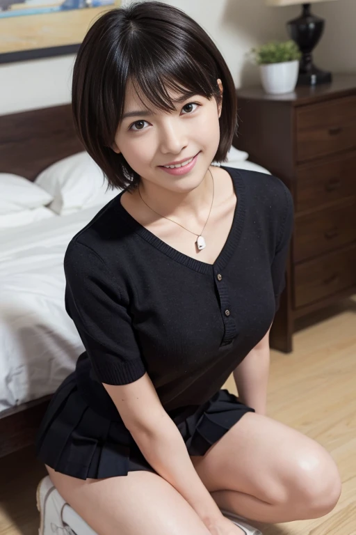 One girl, Short hair up to shoulders,Black Hair,smile, summer, room,Bed,Sit down,6th grade elementary school,Dignified face,Look at this,front,Tank top,Skirt above the knee,Absolute area,Down to the feet,Fair skin, (masterpiece, Highest quality), Soft Light, Structure of the film, Like in the movies