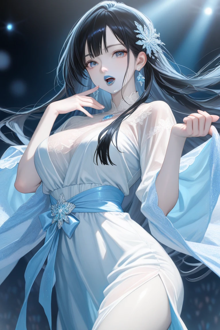 (masutepiece, Digital Art, Digital Illustration, 4K, 8K, Ultra-detailed, beautiful image, Sharp Image, Photorealistic, Raw photo, Perfect face, Perfect lines, Perfect eyes, Soft lighting) Yuu Ji-min a young Korean adult womam of 24, she has a fatal and captivating appearance and a slender stature. Her hair is black, long and straight, highlighting her beauty and shine.
Her face is oval and her eyes are large and expressive, carrying a captivating dark brown expression.
Her skin is clear and flawless, healthy. Her lips are plump with a charming smile. She walks down the red carpet of a Korean film awards ceremony with a striking smile, and her outfit is a daring, modern dress that highlights her sexy, elegant style.