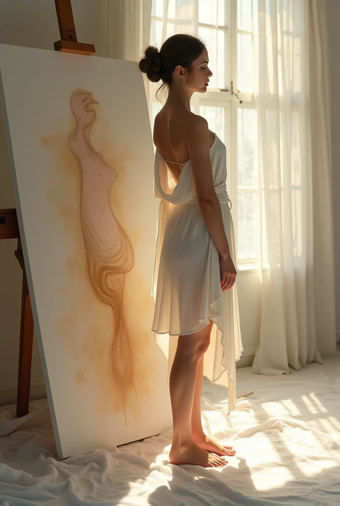 painting of a woman with long hair showing part of her ((naked ass)), standing, view from behind, digital art oil painting, digital expressive oil painting, digital oil painting, an expressive digital painting, digital oil painting, digitally painted, painted in high resolution, expressive digital painting, digital painting art, digital oil on canvas, digital art painting, sensual digital painting, painted artdigital, inspired by Jan Lievens